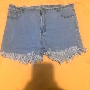 Blue Denim Frayed Hem Women Shorts